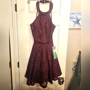 B. SMART wine burgundy red lace glitter mini halter top dress SZ 5 NWT